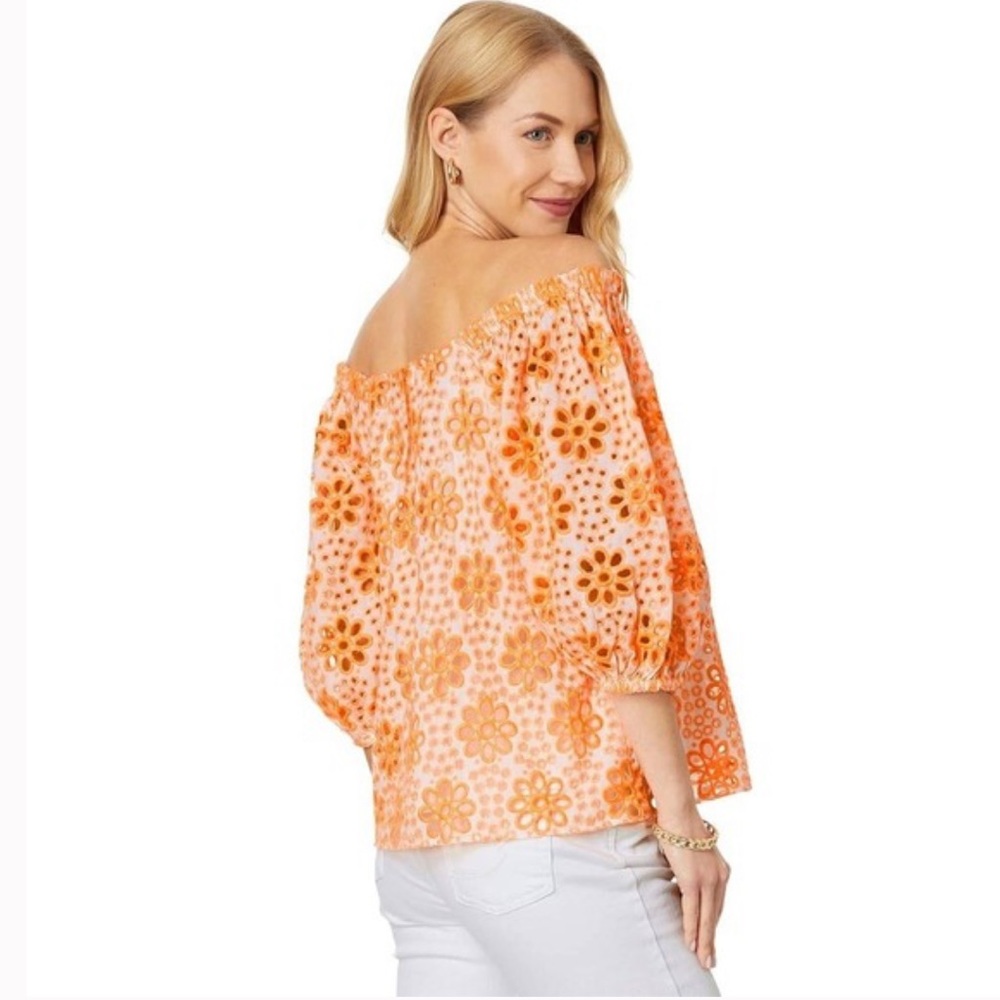 Lilly Pulitzer Kerrigan Elbow Sleeve Top Cantaloupe Funflower Eyelet - Picture 3 of 11